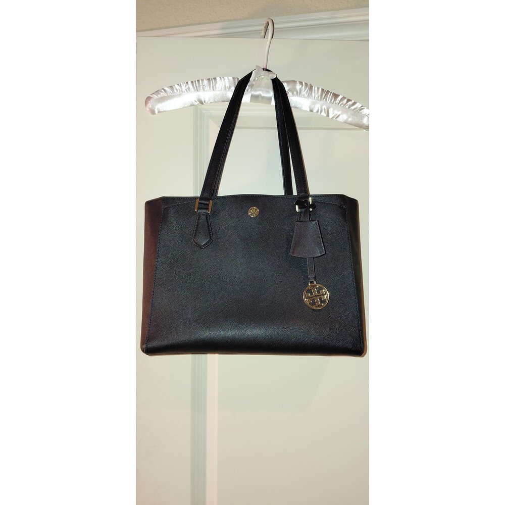 NWOT Tory Burch Black Saffiano Leather Tote Bag, Gold Logo Charm, Daily Use